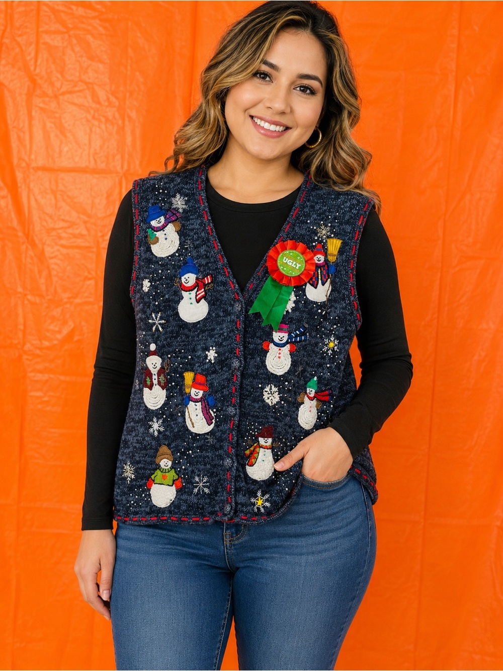 Navy Snowman Embroidered Holiday Sweater Vest - Women's Festive Knit